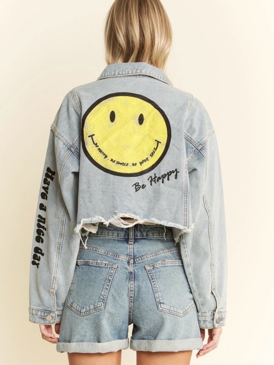 Jade By Jane Jackets & Blazers - Be Happy Cropped Light Wash Denim Jacket - Yellow Smiley
